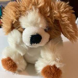 BJ Toy company vintage puppy dog puffy fur 8” stuffed plush made well in Korea toy animal