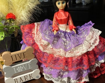 Admiration doll Mexican Senorita in lace 18” wide dress purple red white 15” tall doll on 1.5” block stand RARE vintage 1980’s collectible
