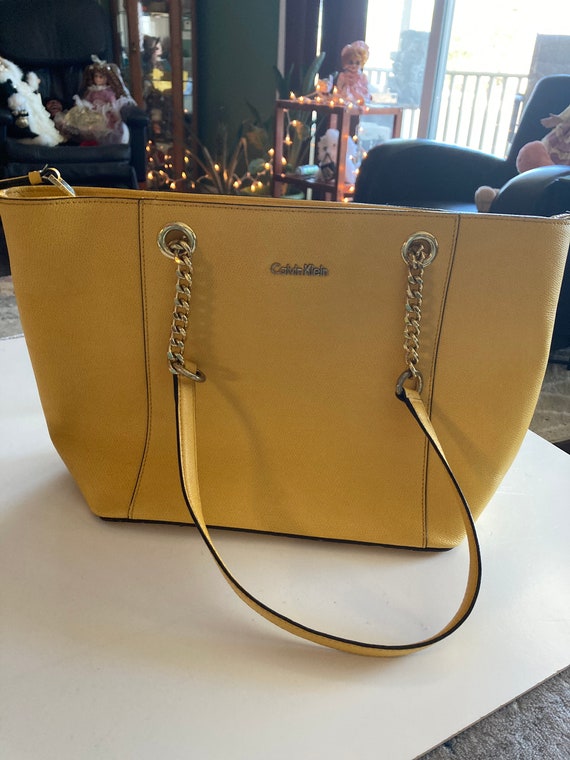 Calvin Klein Purse Tote Handbag Yellow Gold Chain Handle 11W x 10.25 Tall x 5 Deep Ladies Bag