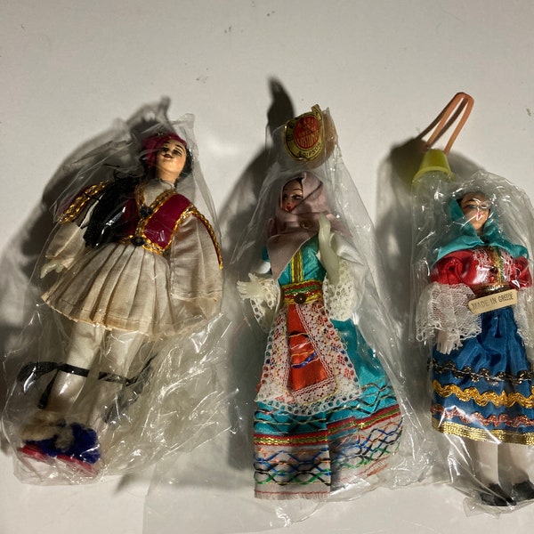 Adipsos made in Greece costume doll lot of 3 vintage 7” dolls collectible curio decorative fabric faces bright clothing