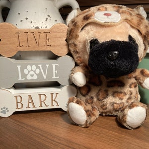 Midwood Brand plush dog stuffed 12” Pug in cheetah costume funny puppy dog plump toy animal brown tan black