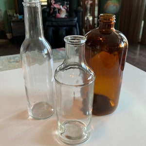 Vintage glass bottle lot of 3 clear and brown decoration bottles vase bottles glass vintage bottles