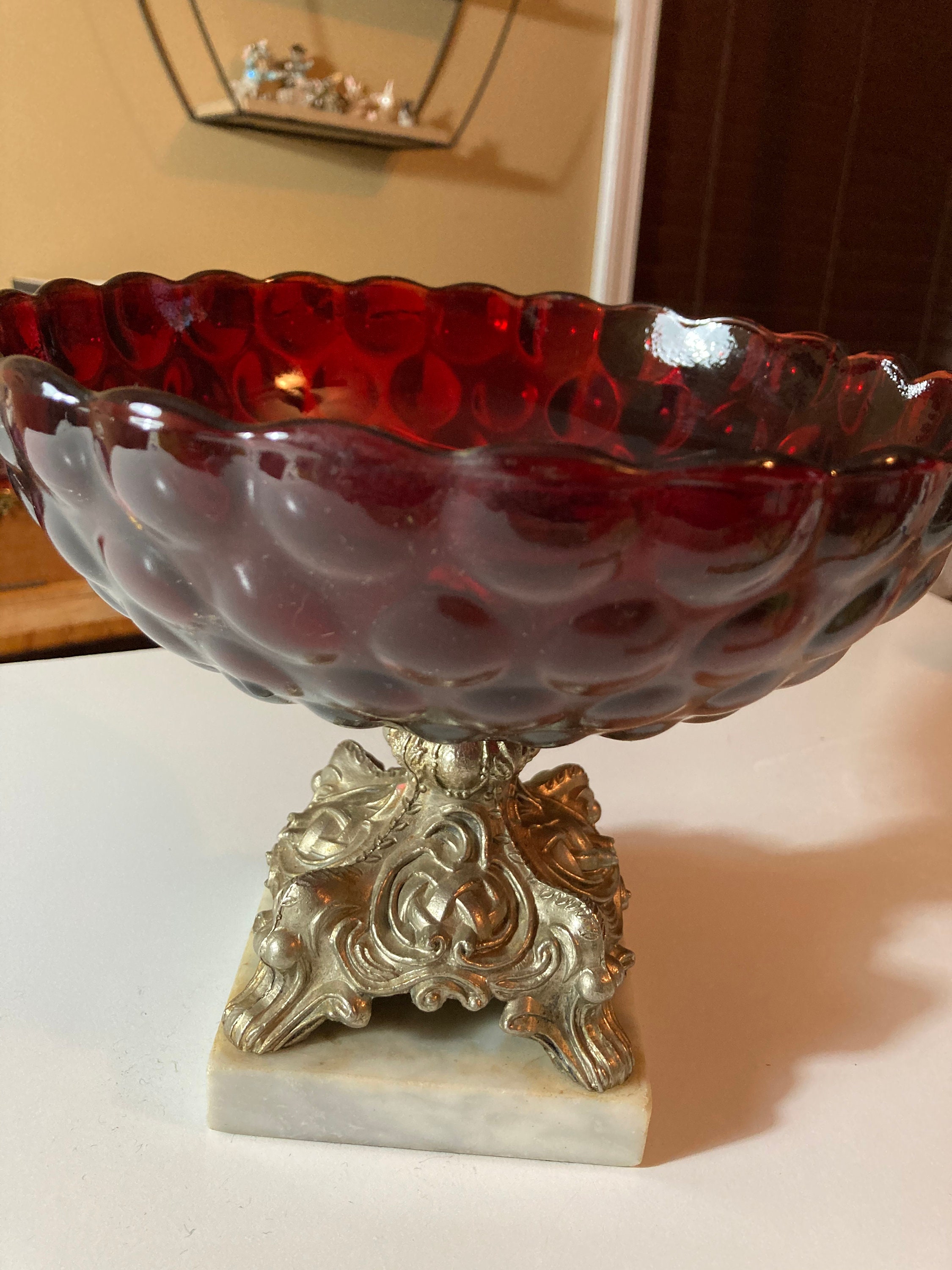 Vintage Compote Fruit Bowl Red Bubble Glass Bowl Silver Vase