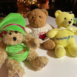 Teddy Bear lot of 3 Us Balloon I love you sweater Unipak plush in green hat Thinking of you yellow stuffed animal bear
