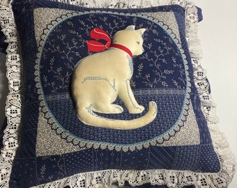 Vintage pillow cat pillow OOAK handmade 17”x17” cat kitten 3D blue white pillow vintage home decor pillow