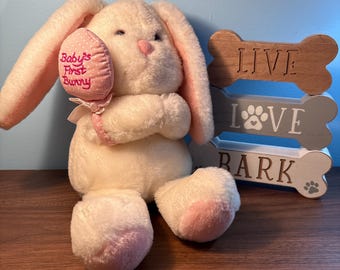 Dakin 11” plush bunny rabbit Baby’s First Bunny rattler on arm vintage 1985 white and pink stuffed animal RARE