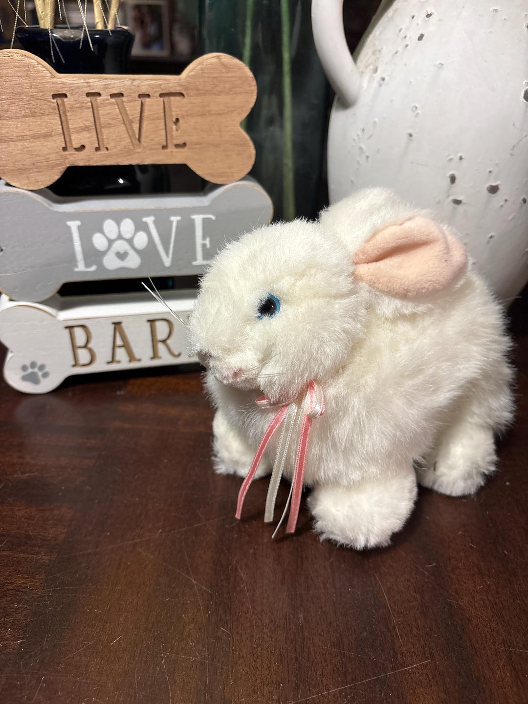 Ganz 7” Plush White Bunny Rabbit With Pink Ribbon Bow Blue Eyes ...