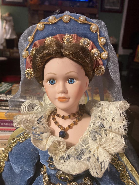 Vintage Victorian Royalty Dress Blue Gold 16” Porcelain Doll With