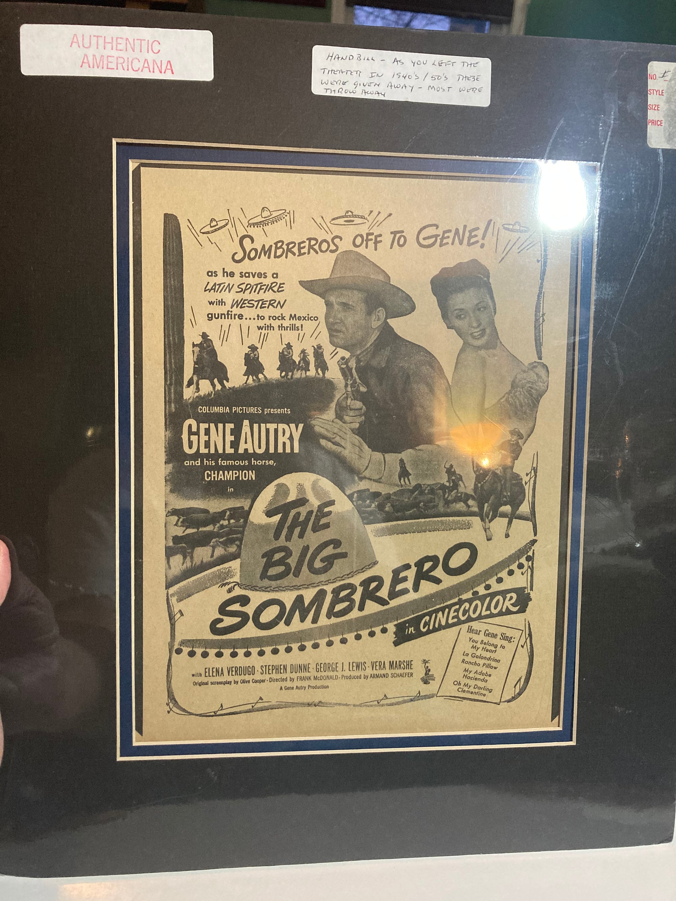 Sombreros Off To Gene Authentic Americana Handbill from 1940’s matted Gene Autry and horse Champion movie memorabilia