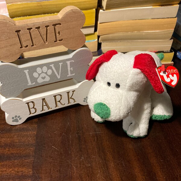 Ty Pluffies puppy dog Frost 8” plush stuffed beanie baby Christmas dog with tags white red green soft collectible