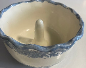 OOAK ceramic bowl 5.5” x 3” glazed blue white bowl lemon squeezer jewelry holder vintage handmade bowl