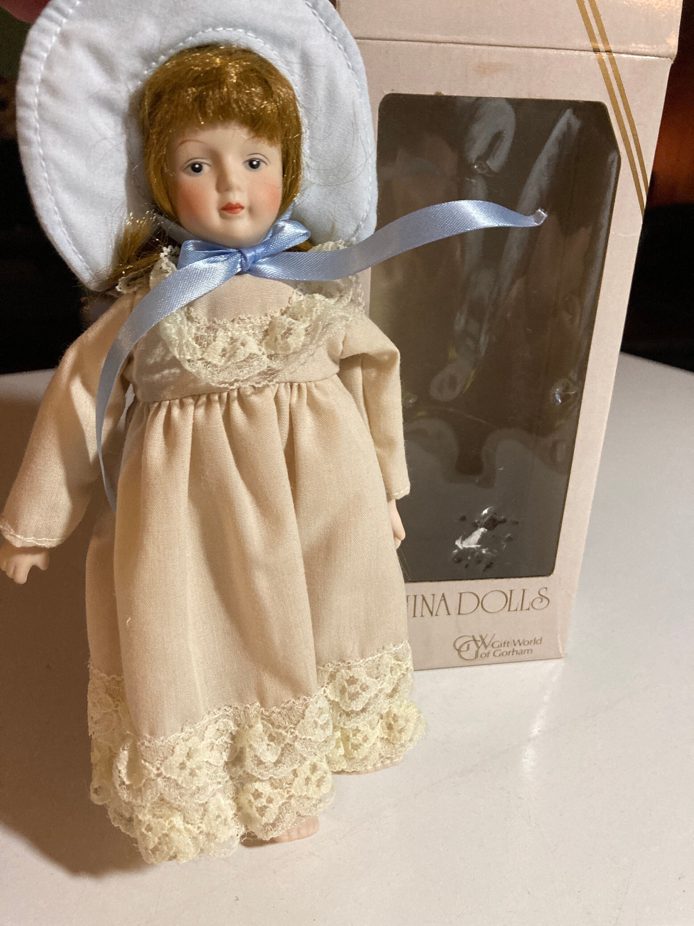 Gift World of Gorham China Dolls 7.75” Porcelain Doll Blue Bonnet
