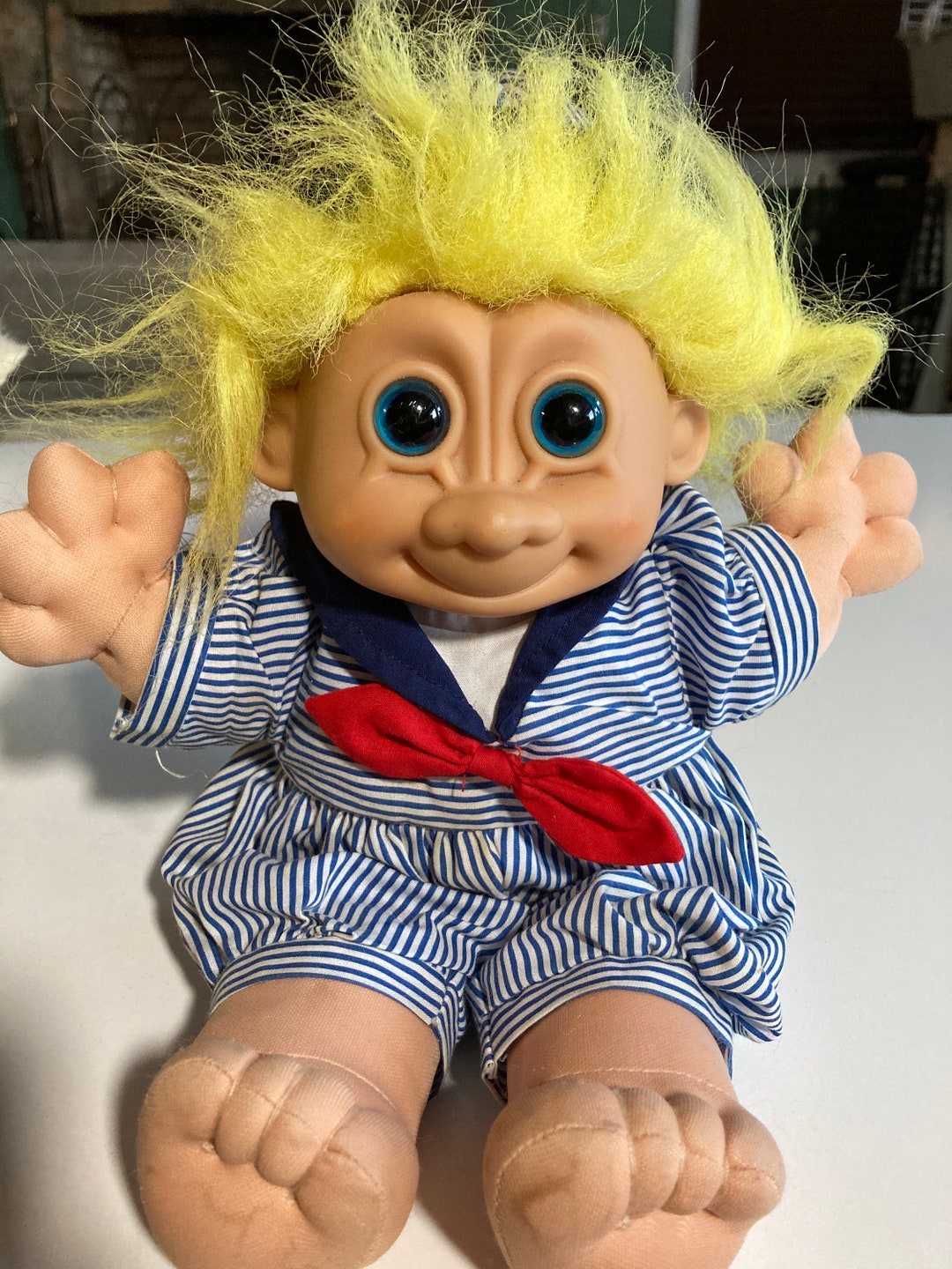 Russ Sailor Troll 12 Doll Yellow Hair White Blue Stripe Outfit Blue