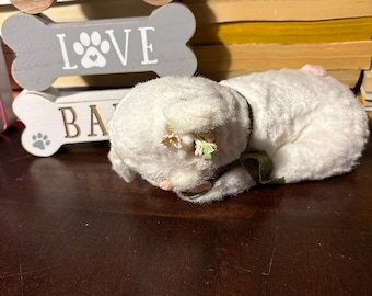 Vintage 9” plush lamb white fur with bright pink eyes well made green bow flowers on ear pink ball tail stuffed lamb sheep