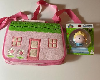 B&T company children’s play purse pink house design cloth material 10”x6” with strap and Disney lip Smacker Elsa Tsum Tsum child’s lip balm