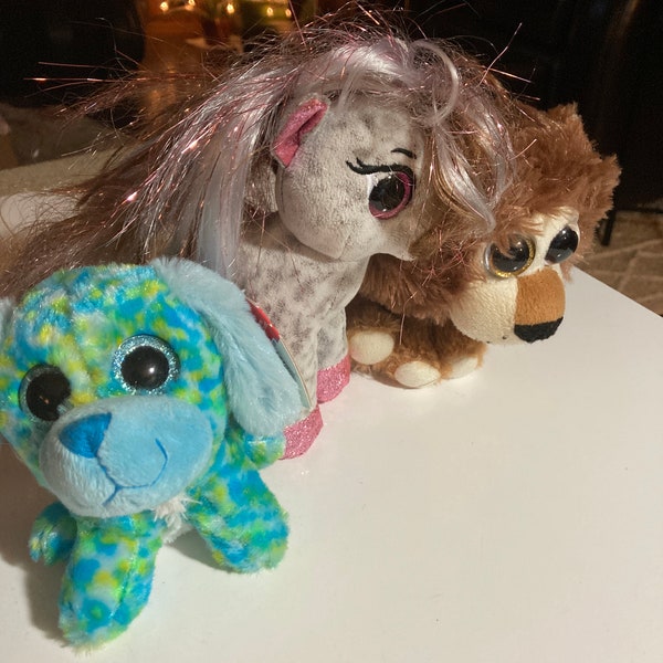 Ty plush stuffed pony horse Cinnamon big eyes plush blue green puppy dog big eye lion plush lot 3 animals