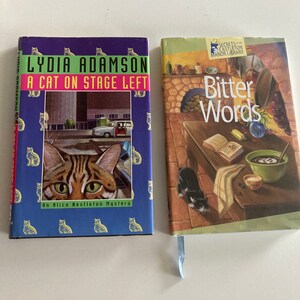 A Cat on Stage Left by Adamson hardback book with dust jacket and Bitter Words by Fields Castleton manor book lot 2 mystery books