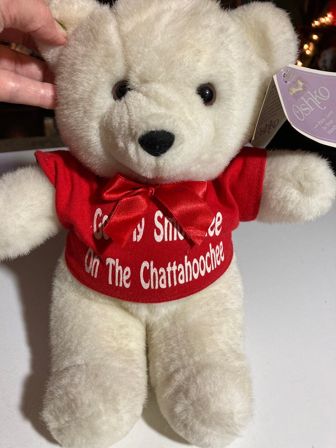 Oshko Vintage Plush Stuffed 11” Teddy Bear White With Red Bow Removable ...