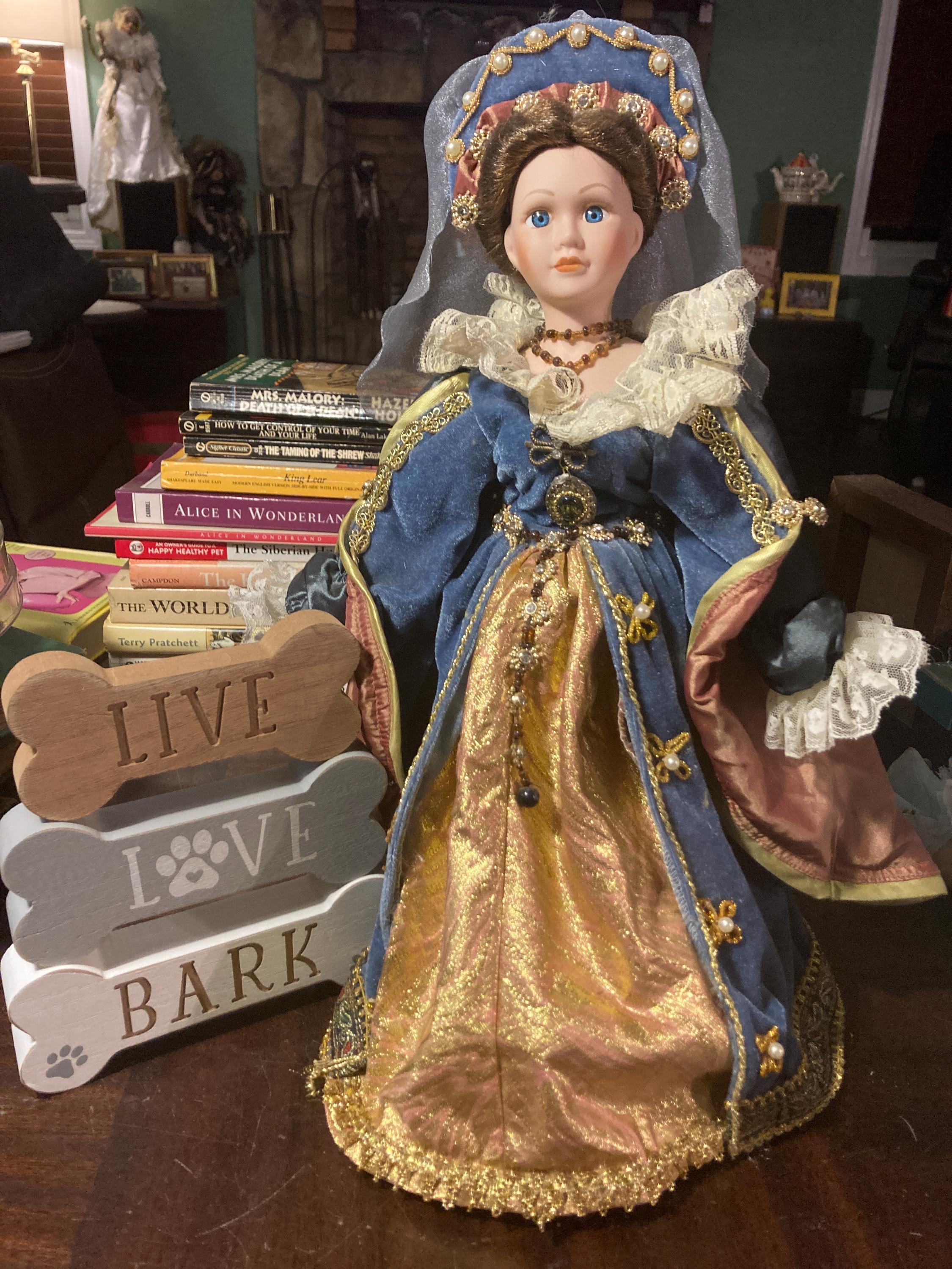 Vintage Victorian Royalty Dress Blue Gold 16” Porcelain Doll With