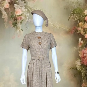 Small to Medium Vintage Late 1950s Tweed Dress with Statement Buttons and Belt by Sears - Mid-century Class SM50SETW