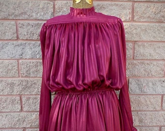 1980s Unlabeled Striped Burgundy Dress
