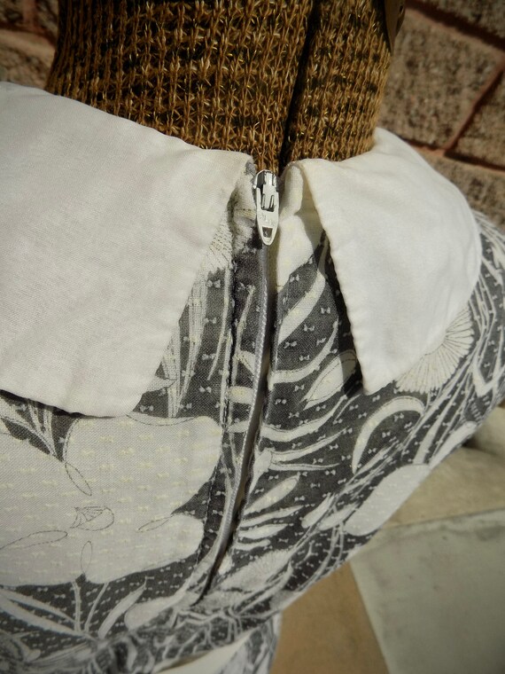 Gorgeous 1960s Unlabeled Tropical Blues Floral Print Jumpsuit w Gold Coin & Cord Detailing