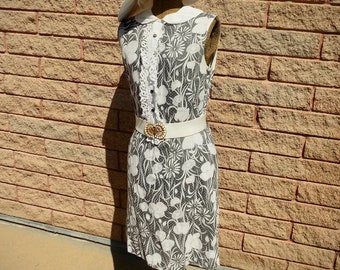 1960s Unlabeled Grey and White Floral Design Mini Dress