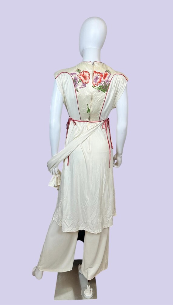 Extra Small Vintage 1970s 2 PC Hostess Dress with Flowers and Matching Pants by Jody T. of California- BohoCottagecore Loungewear XS70HDJTCA View 6