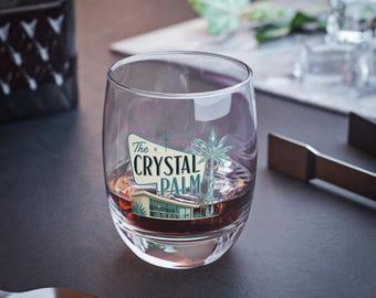 Whiskey Glass Men Gift Birthday Bar Accessories Home Barware Husband Man Cave Retro Cocktail Tumbler Midcentury Palm Tree Tropical Drinkware