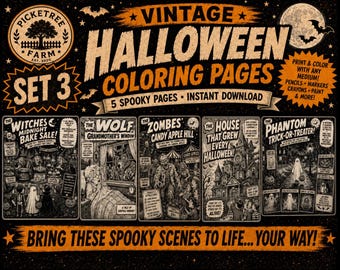 Halloween Coloring Page Printable Digital Downloadable Pdf Grayscale Adult Activity Book Retro Comic Vintage Spooky Haunted Carnival