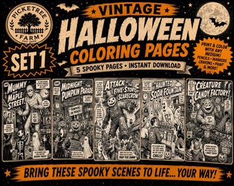 Halloween Coloring Page Printable Digital Downloadable Art Retro Comic Vintage Carnival Haunted Theme Spooky Nostalgia Adult Activity