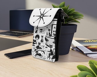 Atomic Cat Phone Wallet Crossbody Bag Cell Phone Pouch Leather Strap Adjustable Black White Pattern Gothic Atomic Enthusiast Gift Woman