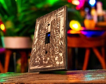 Tiki Switch Cover Wooden Light Plate Island Theme Decoration Polynesian Bar Man Gift Tropical Home Wall Accent Handcrafted Wood Fixture