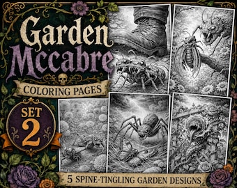 Spooky Coloring Page Printable Sheet Adult Halloween Activity Gothic Book Dark Cottagecore Aesthetic Creepy Cute Art Print Insect Garden