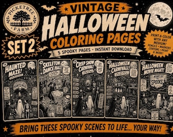 Halloween Coloring Page Downloadable Printable Grayscale Activity Sheet Digital Haunted Carnival Retro Comic Book Design Vintage Spooky Art