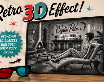 Midcentury Modern Art Print Wall Hanging Vintage Bar Print Anaglyph 3d Glasses Included Frame Option Retro Lounge Scene Illustration Atomic