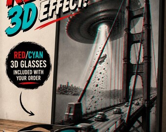 Vintage Bar Print Wall Hanging Anaglyph 3d Glasses Included Frame Option Retro Lounge Scene Illustration Atomic Midcentury Modern Art Ufo