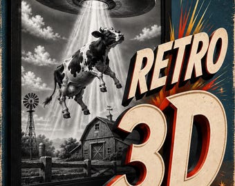 Retro 3D UFO Cow Abduction Wall Art Vintage Sci Fi Anaglyph Print  Includes Premium 3D Glasses  Available Framed or Unframed 12 x 18