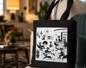 Atomic Cat Cotton Canvas Tote Black Shopping Bag Reusable Grocery Carrier Heavy Shopper Large Market Carryall Sturdy Fabric Holder Everyday