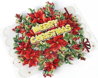 Elegant Merry Christmas 3D Pop-Up Card – Poinsettia Holiday Greeting Card with Envelope
