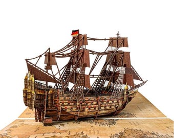 Tarjeta desplegable 3D con diseño de barco vintage: Tarjeta de felicitación náutica hecha a mano