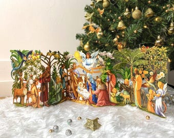 Tarjeta navideña desplegable 3D X60 - Belén / Escena de la Sagrada Familia con pastores y Reyes Magos