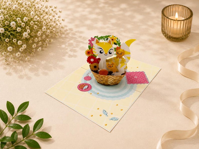 Puede incluir: Una tarjeta de felicitaci&oacute;n emergente con una familia de zorros amarillos y blancos en una cesta de mimbre, rodeada de flores. La tarjeta est&aacute; sobre un fondo amarillo claro con un peque&ntilde;o cuadrado rosa y un cuenco de comida. Una vela encendida y flores en el fondo.