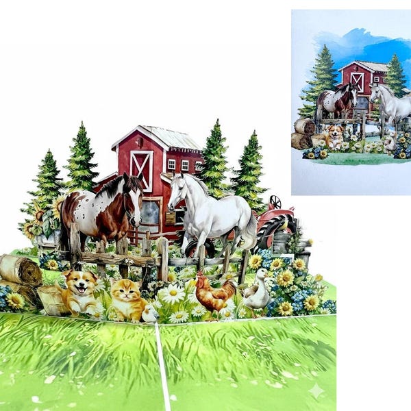 H46 - Farm Life 3D Pop-Up Card — Barn Animals | Horse Lover Gift | Country Birthday Card
