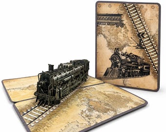 Tarjeta desplegable 3D de tren de vapor: Saludo ferroviario clásico
