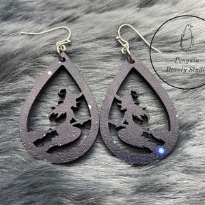 Witch Wooden Black and Speckled Pattern Teardrop Halloween Earrings /Laser Cut, Ball Hooks, Fall, Trick or Treat, Dangle, Cute/