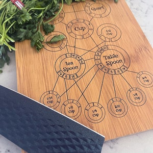 May include: A wooden cutting board with a conversion chart for measuring ingredients. The chart shows the equivalent measurements for cups, tablespoons, teaspoons, and quarts. The board is made of light brown wood and has a natural finish.