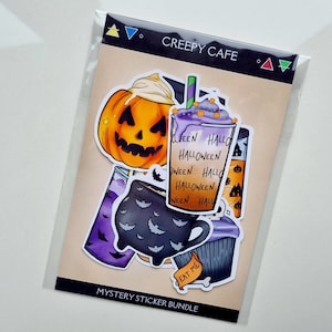 Mystery Witchy Sticker Bundle, 8 Random Pick Creepy Cafe Sticker Pack, Witchcraft Journal Decor, Cute Halloween, Coffee Lover