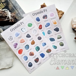 May include: Two white cards with the title "Crystals P1" and "Crystals P2" on them. Each card has a grid of 16 small images of different crystals with their names printed below each image.