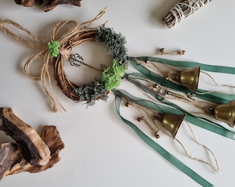 Green Witches Bells - Home & Spiritual Protection, Traditional Folk Magick Charm, Door Hanging, Housewarming Gift, Witchy Wreath Decoration